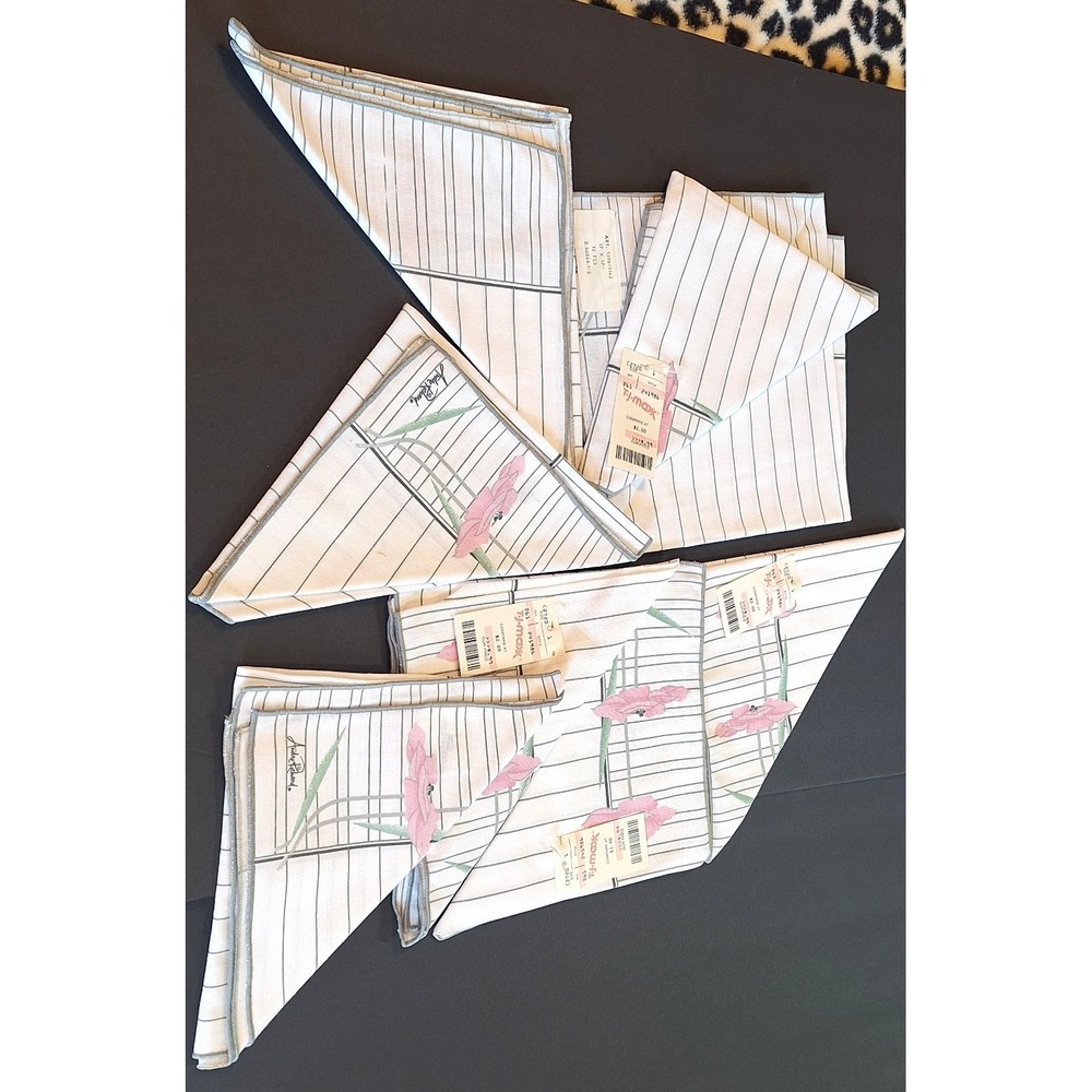 Andre Richard Vintage Cloth Napkins Set of 8 Pink poppie Grey Pinstripe